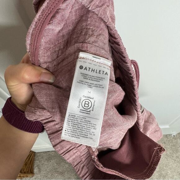 Athleta Cabo 100% Linen Wide Leg Pull On Pants Pink Tawny Rose Orchid Size 14 - Picture 6 of 6